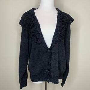 Vintage Black Floral Pattern Shawl Collar Cardigan Sz Medium